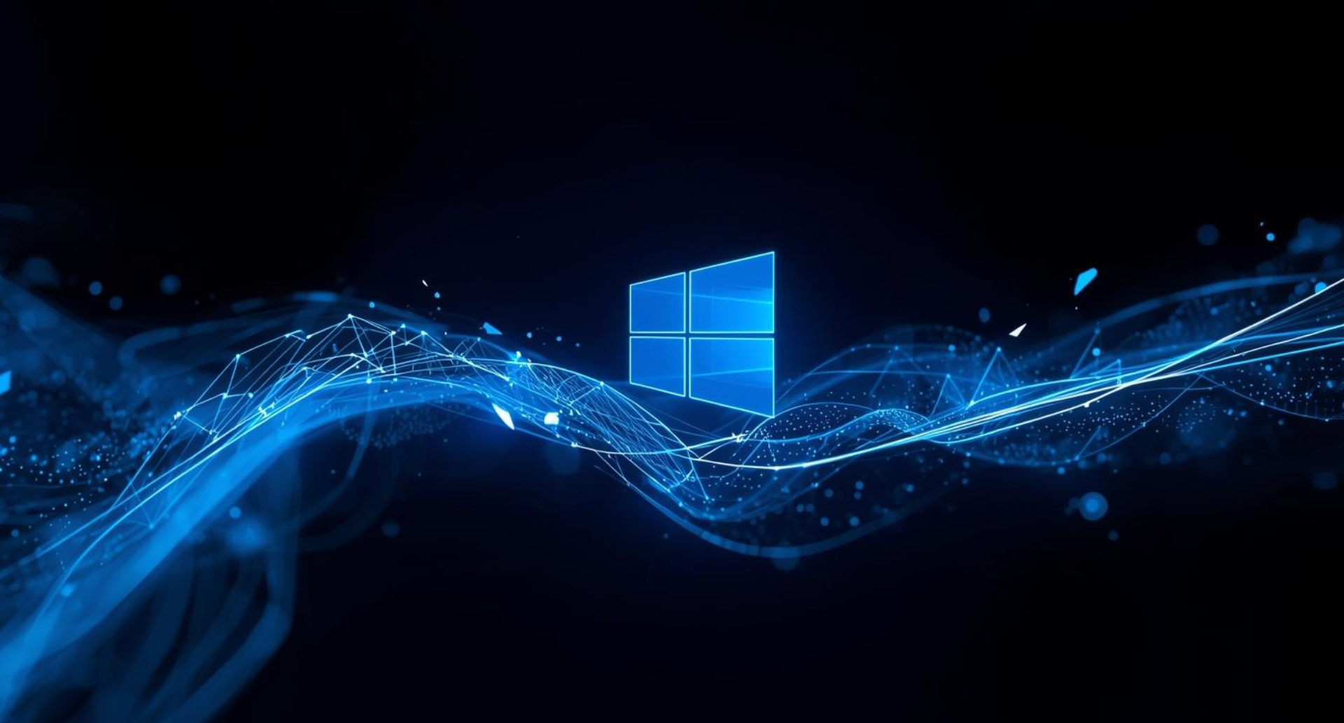 Blue Windows emblem over digital waves and data points.